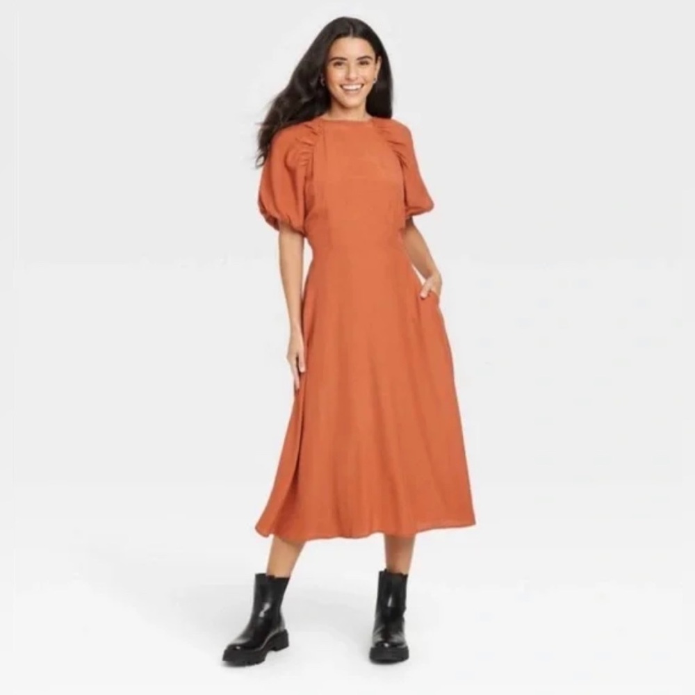 A New Day dress - balloon sleeve midi dress - rust/copper - size Medium